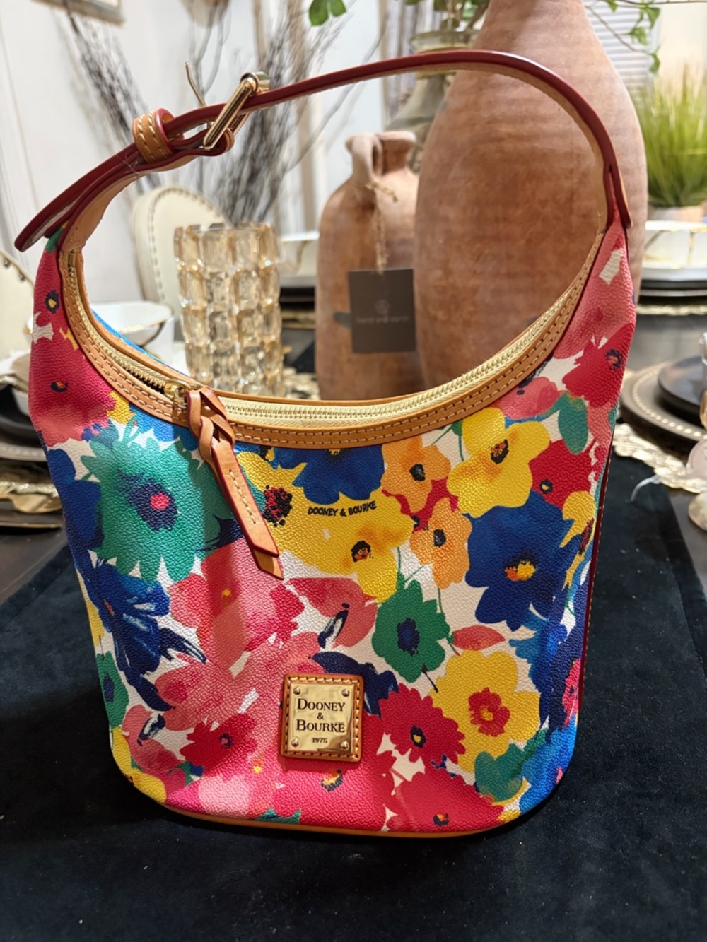 Dooney & Bourke Bright Floral Multicolor Shoulder Bag with Tan Trim